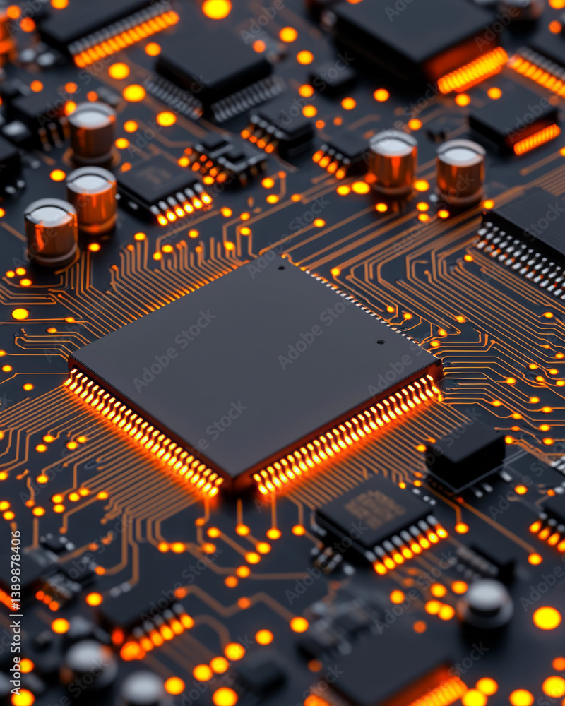 Poster glowing electronic circuit captured in macro detail, showing its new condition with organized