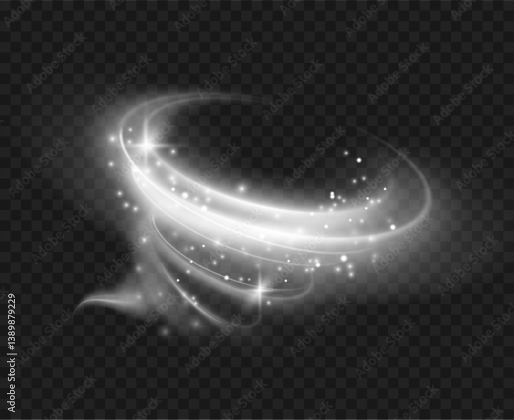 Poster Swirl winter wind with glowing effect and snow particles. Vector cold breeze stream motion with snowflakes and bright luminous sparkles with realistic effect. Windy weather or storm symbol
