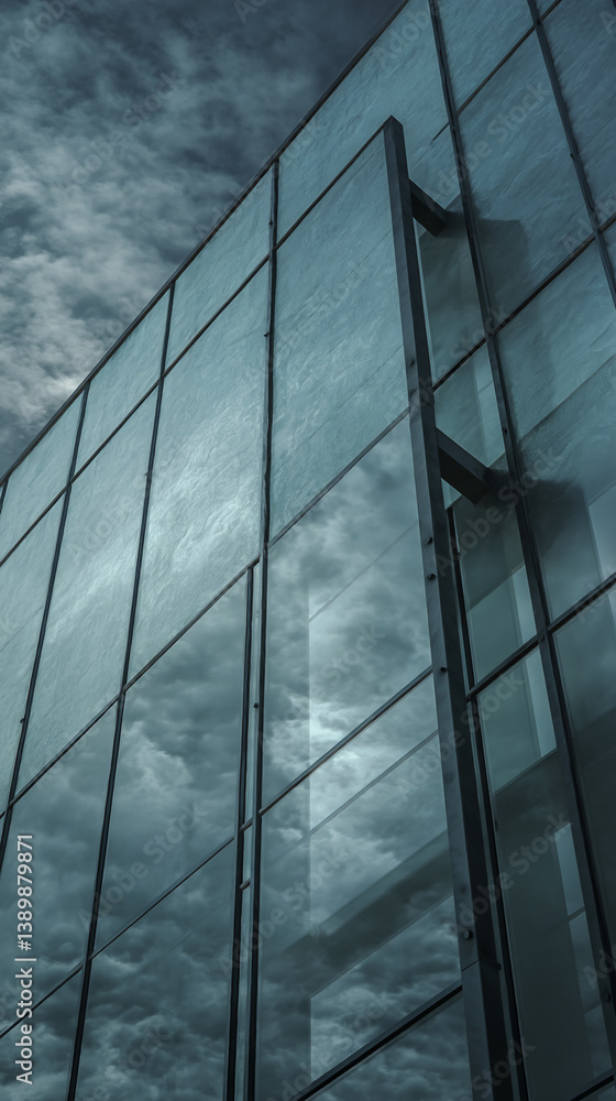 Poster low-angle view of a glass building facade reflecting a cloudy sky, showcasing modern architecture an