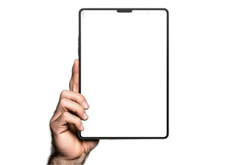 A Hand Holding A White Screen Tablet Showing A Digital Device Isolated PNG