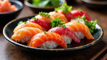 Sushi nigiri with vibrant salmon and tuna slices on seasoned rice, delicately garnished with fresh parsley, served on a black plate, evoking a sense of Japanese culinary artistry.