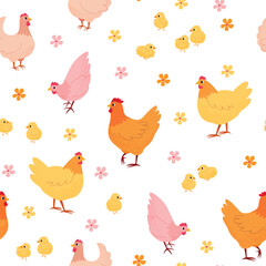 Vector seamless pattern with hens, chicks and flowers. Illustration with hand-drawn textures. Nice spring shades. Poultry-themed pattern for Easter design.