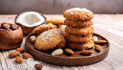 delicious coconut almond cookies piled on a wooden platter with chocolate chips and nuts enhancing the presentation