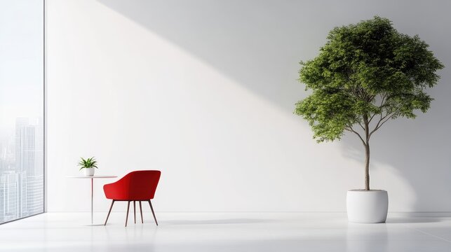 Red Chair Small Plant Minimalist Style High-resolution Sunlight Portrait View Simple Design Peaceful Contemplation White Room Bright Tones Interior Design