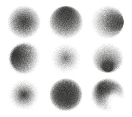 Circles set with grain noise texture. Vector abstract spheres with gradient pattern, globes with gradation to fade of monochrome grainy dots or dust. Circlets with color transition effect