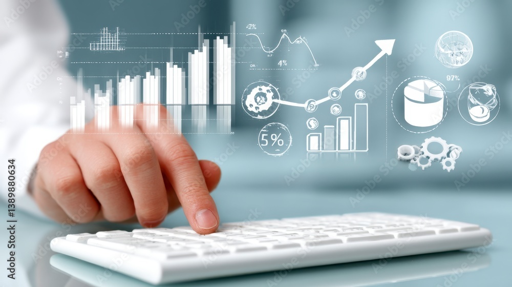 Aufkleber close up of a hand interacting with a white keyboard, with superimposed white graphs and charts illu