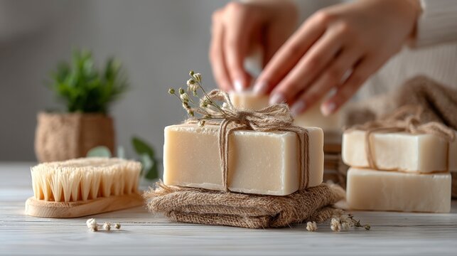 Artisanal soapmaking, hands arranging natural soap bars tied with twine, on a rustic white wooden table. Neutral tones, natural light.