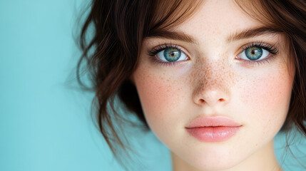 Beautiful woman with delicate features and a quiet, elegant expression, captured against a smooth,