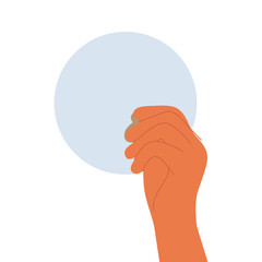Hand holding circle, round geometric figure, shape. Hoop, geometry element, detail. Abstract creative concept, balance.