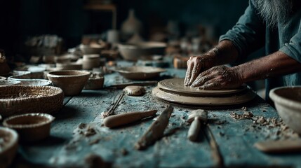 Close up view of hands shaping clay on a pottery wheel, surrounded by various ceramic pieces and tools on a rustic wooden table.