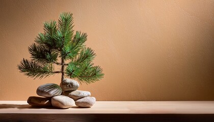 miniature pine tree nestled on rocks against a textured tan wall perfect for zen nature or tranquility themes evokes peace and serenity