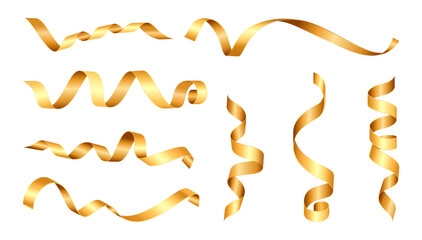 Glittering confetti spiral ribbons. Vector isolated realistic gold serpentine for celebration of holiday, gift decor. Flying golden shimmer for party, festival or festive event, carnival