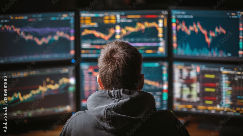 Poster man reviewing stock market data on multiple monitors in a dark room.