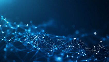An abstract blue technology background with glowing dots and network connections. A digital technology concept.