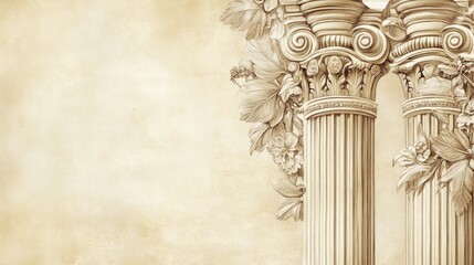 Antique columns, ornate capitals, aged parchment background