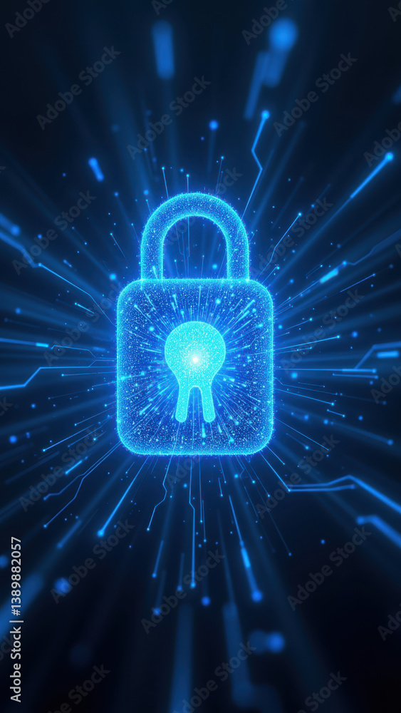 Poster a glowing key lock symbolizing cybersecurity and digital protection against hackers and data breache