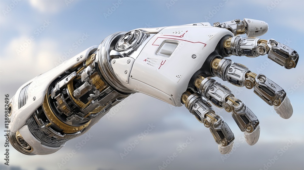 Aufkleber close up view of a complex robotic hand against a cloudy sky background. the hand is predominantly w