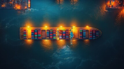 Aerial View of Busy Shipping Port at Night with Cranes and Colorful Containers in Urban Logistics