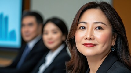 Confident woman in a professional business suit posing with determination in a corporate environment