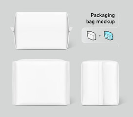 Packaging bag mockup. Front, flat lay and side views. Vector illustration isolated on white background. Ready for your design. Suite for the presentation of pads, diaper, wipes, etc. EPS10.