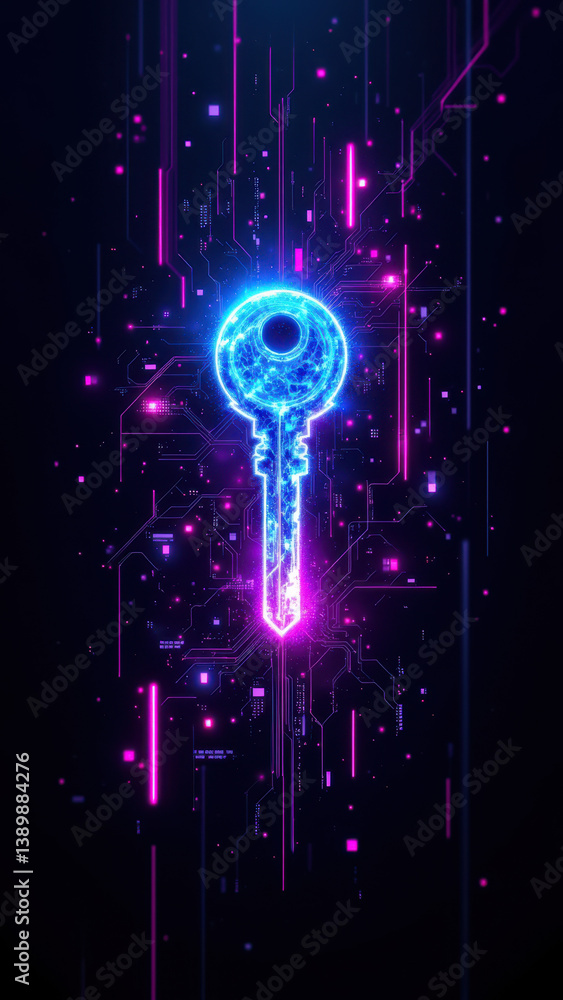 Poster illustration of a digital key with cybernetic elements set against a futuristic backdrop that convey