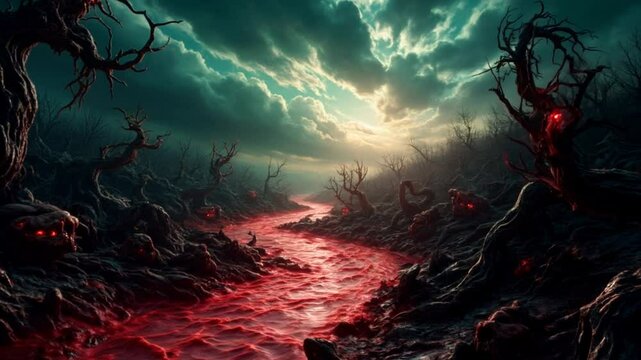 A terrible landscape. Horrible monsters in the twilight. Horror fantasy genre. Scary video clip for Halloween.	
