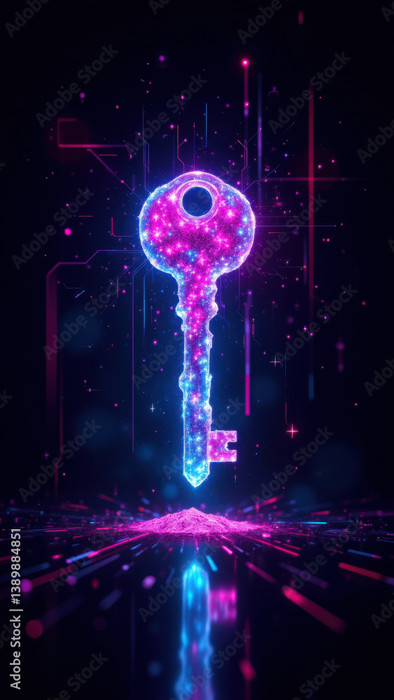 Poster cybersecurity digital illustration with a key and glowing abstract elements.