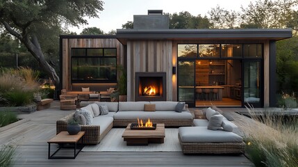 A modern outdoor living space with a cozy fireplace and furniture