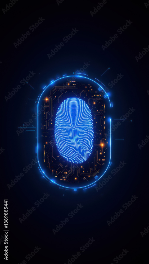 Poster a futuristic concept illustration featuring a fingerprint scan with intricate digital circuit design