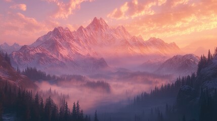 Obraz premium Majestic Mountain Range Under Vibrant Sunset with Misty Valley and Forest in the Foreground