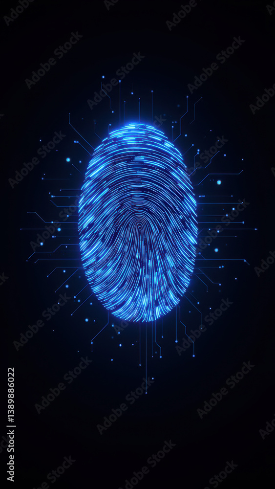 Poster cybersecurity concept with fingerprint and digital circuit graphics on dark background.