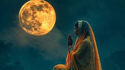 A glowing full moon rises above a peaceful rural landscape, marking the auspicious night of Sharad Purnima, when the moon is believed to have healing powers. High quality 4k footage