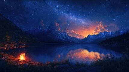 Naklejka premium Serene Night Landscape with Campfire and Starry Sky Over Majestic Mountains and Calm Lake Reflections