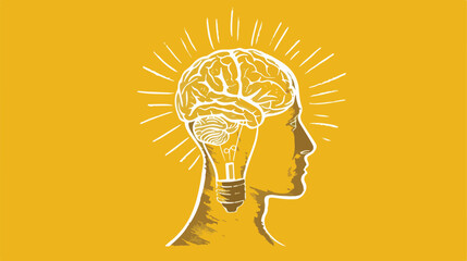 Innovative Concept of Human Brain with Light Bulb in Yellow Silhouette - EPS Vector Illustration for Creative Thinking and Intelligence