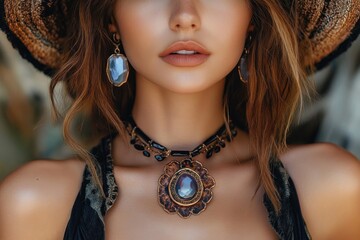 close up portrait of woman with bohemian crystal jewelry and vibrant earthy tones