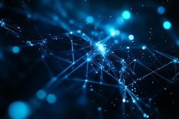 glowing blue 3D data network with abstract shapes and lines, floating in a dark space with ample room for copy
