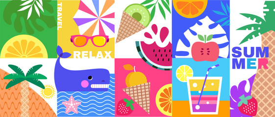Naklejka premium Summer concept design abstract background Set funky icons Vector cute flat illustration