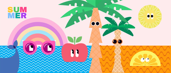 Summer concept design abstract background Set funky icons Vector cute flat illustration