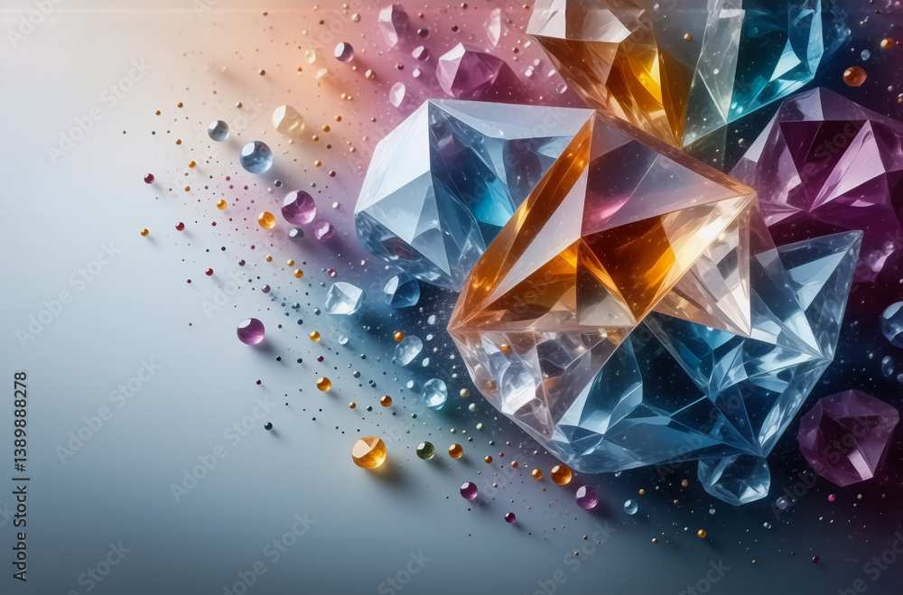 Poster a collection of multifaceted precious stones glistens with light, scattered across a gradient. hints