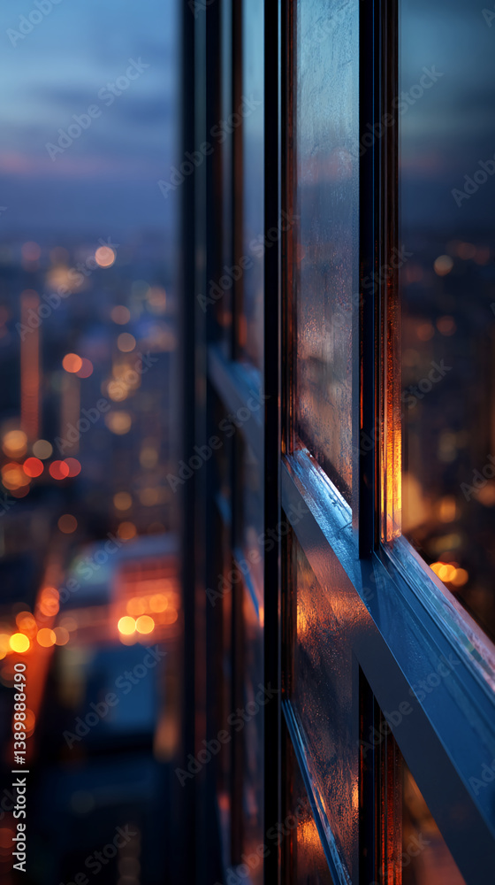 Poster close-up of a window pane, showing condensation and a blurred cityscape at dusk. the image evokes fe