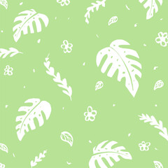 simple one color monstera and eucalyptus leaf pattern illustration