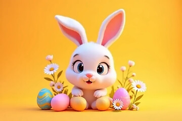 Fototapeta premium Cute Bunny with Decorated Eggs and Flowers Easter Day Card