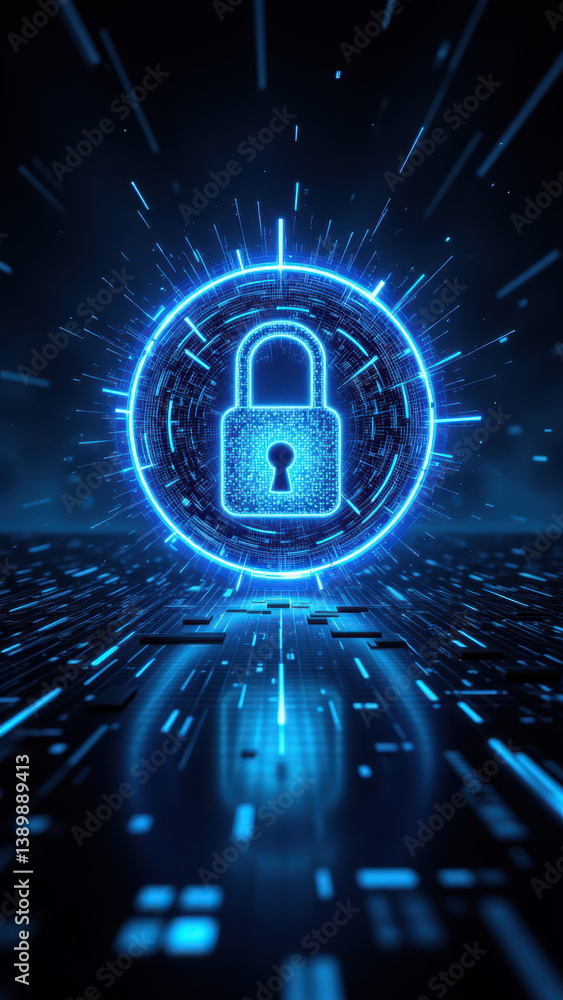 Poster cybersecurity lock with digital circuitry backdrop.