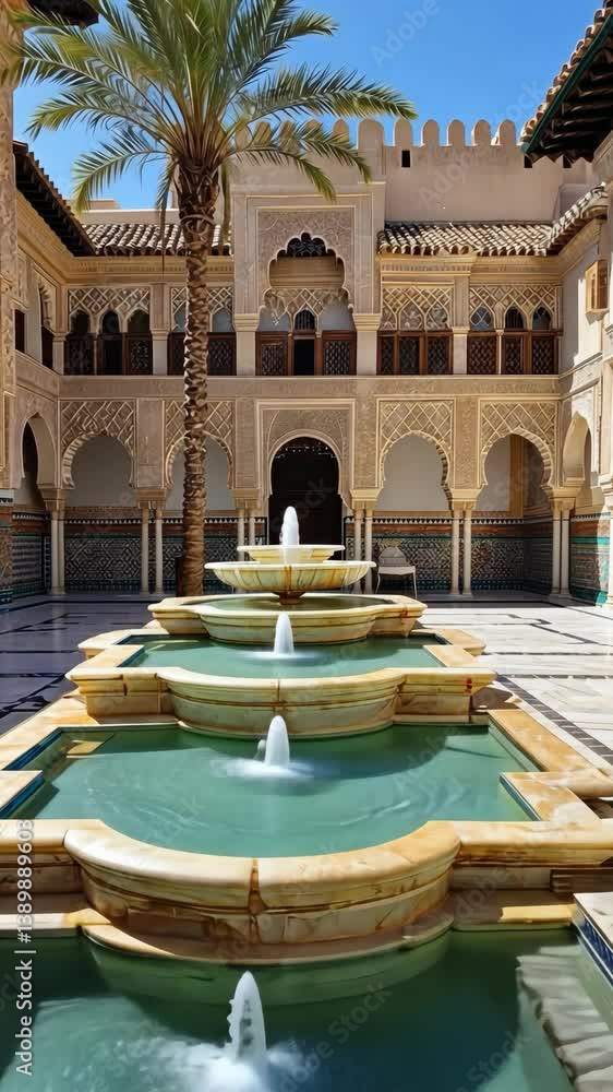 Poster elegant courtyard with a fountain surrounded by intricate architecture in a warm sunny location