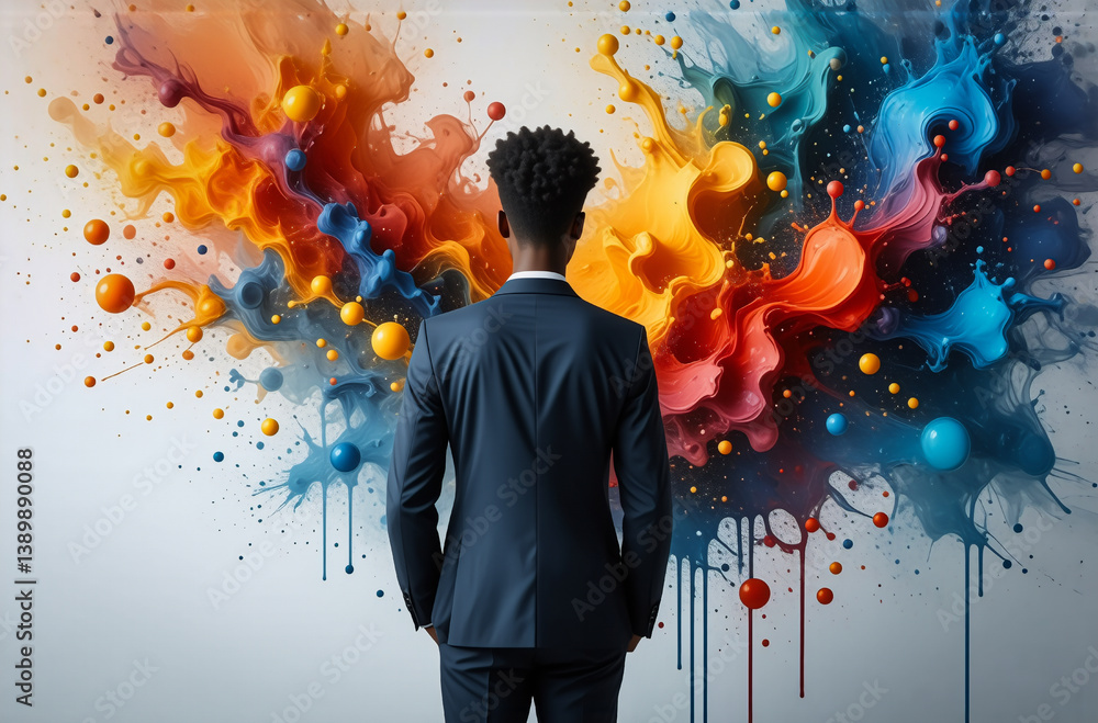 Poster a person in a suit stands before a vibrant explosion of colors, like paint splashes, representing cr