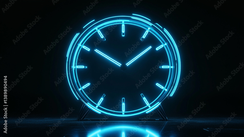 Poster glowing neon digital analog technology clock design. blue time clock digital technology background v