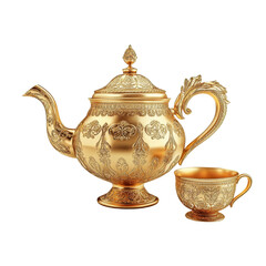 Ornate Gold Teapot and Teacup Set Isolated on Transparent Background