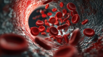 Microscopic View of Red Blood Cells Flowing Through A Blood Vessel Illustrating Human Circulatory System and Cellular Motion in Action at High Magnification