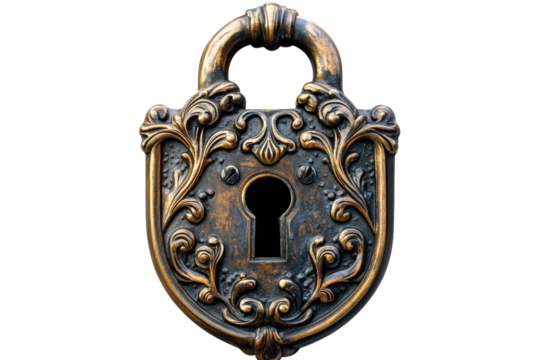 Ornate antique padlock a symbol of security and secrets detailed bronze metalwork against a white