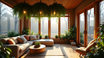 Fototapeta premium Futuristic Biophilic Sunroom with Vertical Green Walls and Solar‑Optimized Glazing